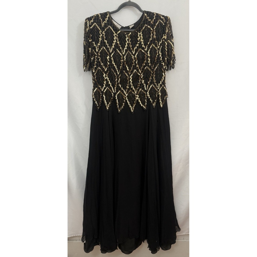 VTG Laurence Kazar 100% Silk Black Gold Beaded Gown Womens Size XL *FLAWS*